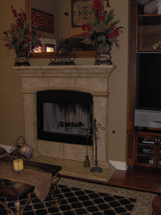 Fireplace after color washing and stenciling