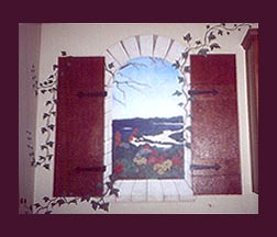 Trompe l'oeil mural scene of Lake Travis with faux finish crackle shutters and ivy