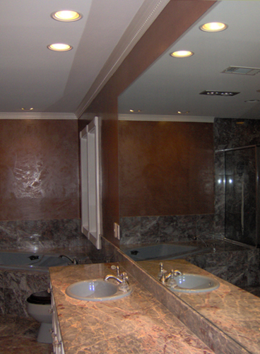 Venetian Plaster faux finish in the Master Bath in a Behr color called Cappucino with a protective Clear Coat.