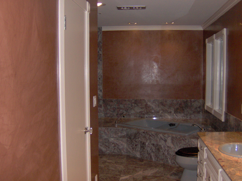 Venetian Plaster faux finish in the Master Bathroom.